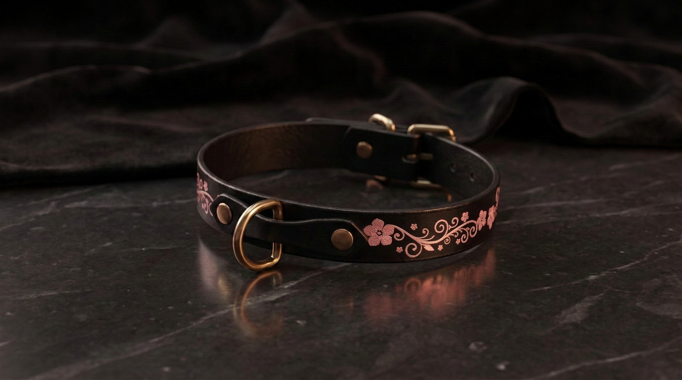 A black leather collar with a gold-colored buckle and floral design on a dark background.