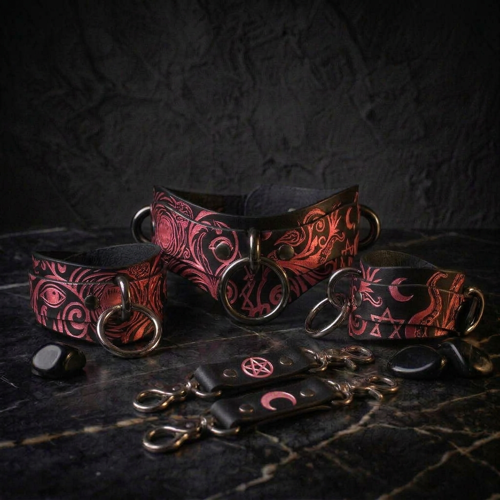 a collection of leather accessories with intricate designs, including a collar, straps, and charms, all displayed on a dark surface.