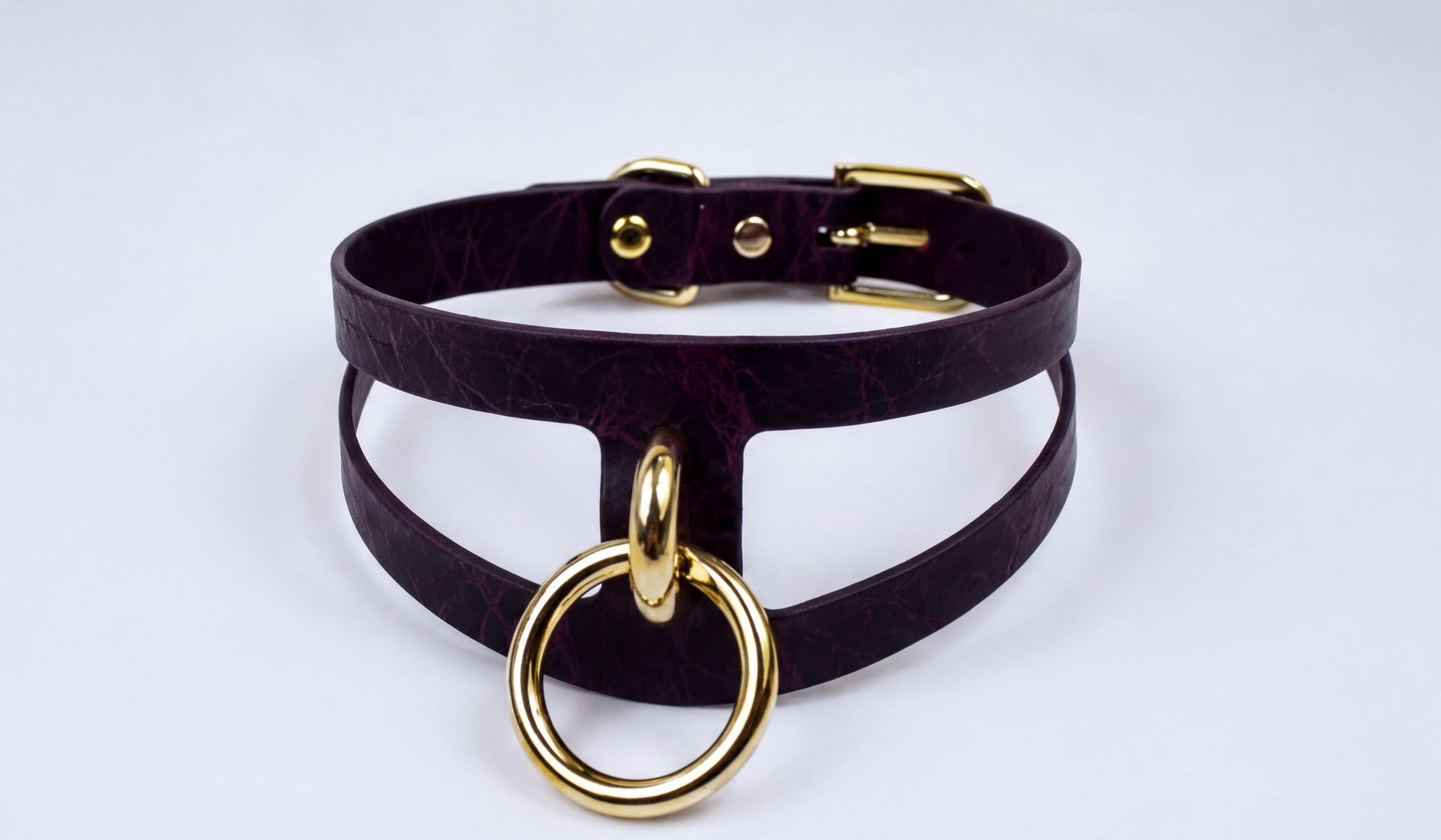 A dark purple choker necklace with a gold-colored metal ring and buckle.