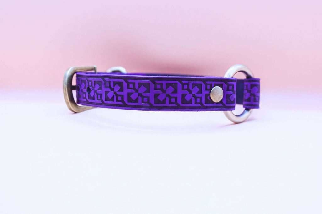 Handmade purple BDSM collar with geometric pattern and O-ring, perfect for submissive jewelry and bondage gear.