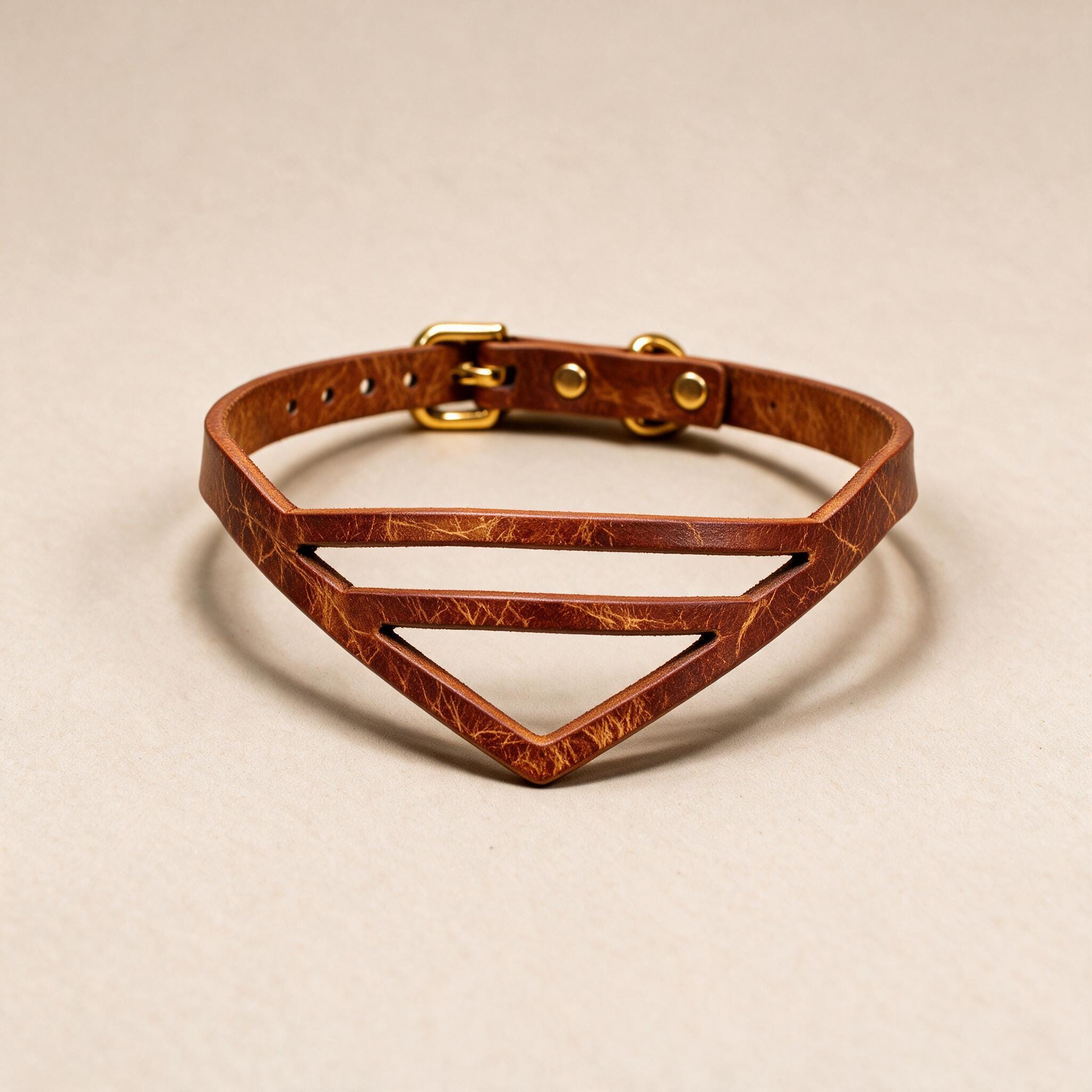 A brown leather choker necklace with a geometric design and a gold buckle.