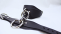 A black leather strap with metal rings and buckles, possibly used for securing or fastening items.
