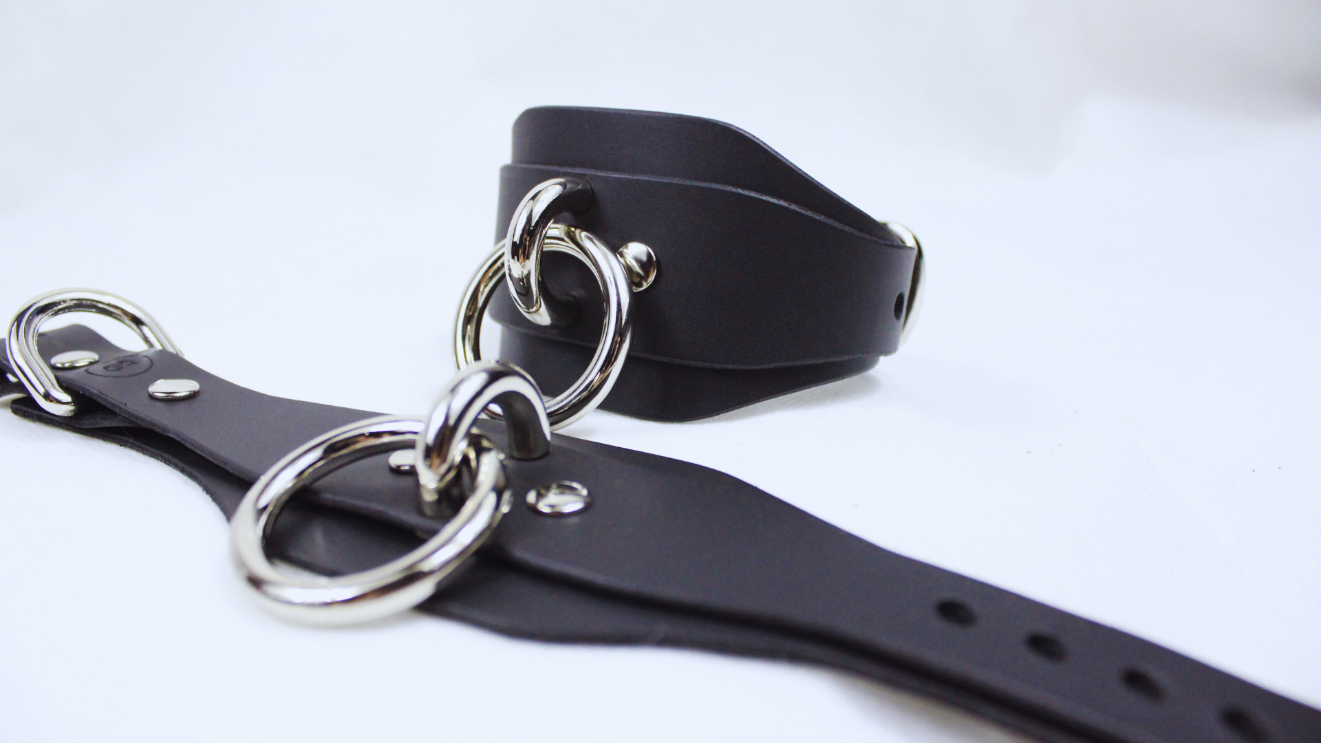 A black leather strap with metal rings and buckles, possibly used for securing or fastening items.