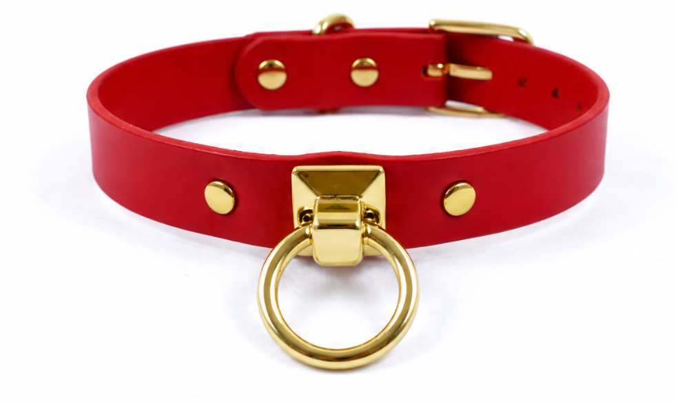 A red leather choker collar with a gold metal ring and buckle.