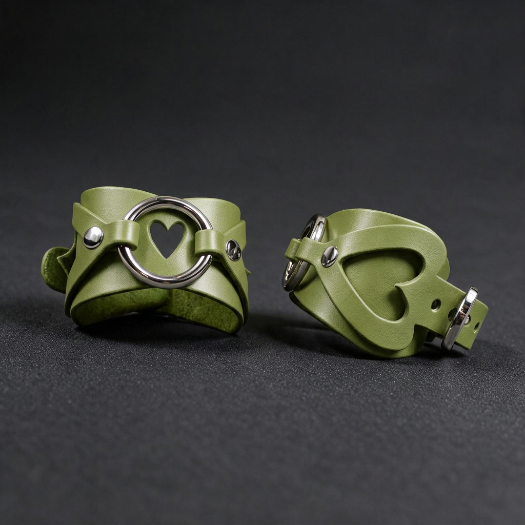 Two green leather cuffs with heart-shaped cutouts are displayed against a dark background.