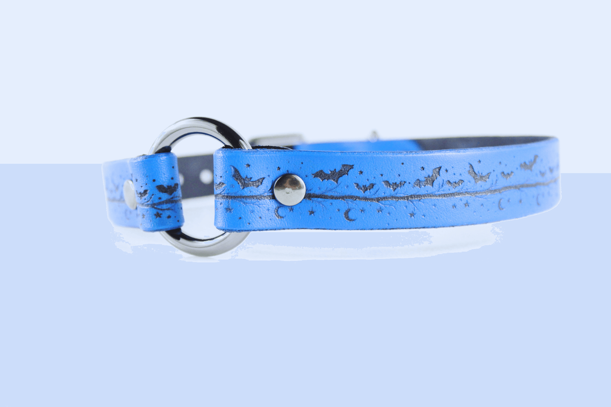 BDSM Collar Blue Moon & Bats Leather Choker featuring crescent moons and bats on a blue background.