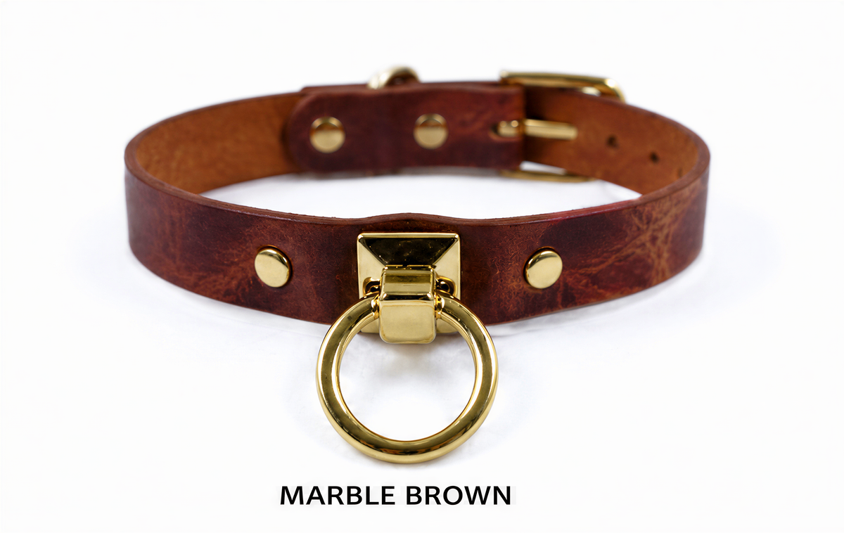 A brown leather collar with a gold-colored metal ring and buckle.