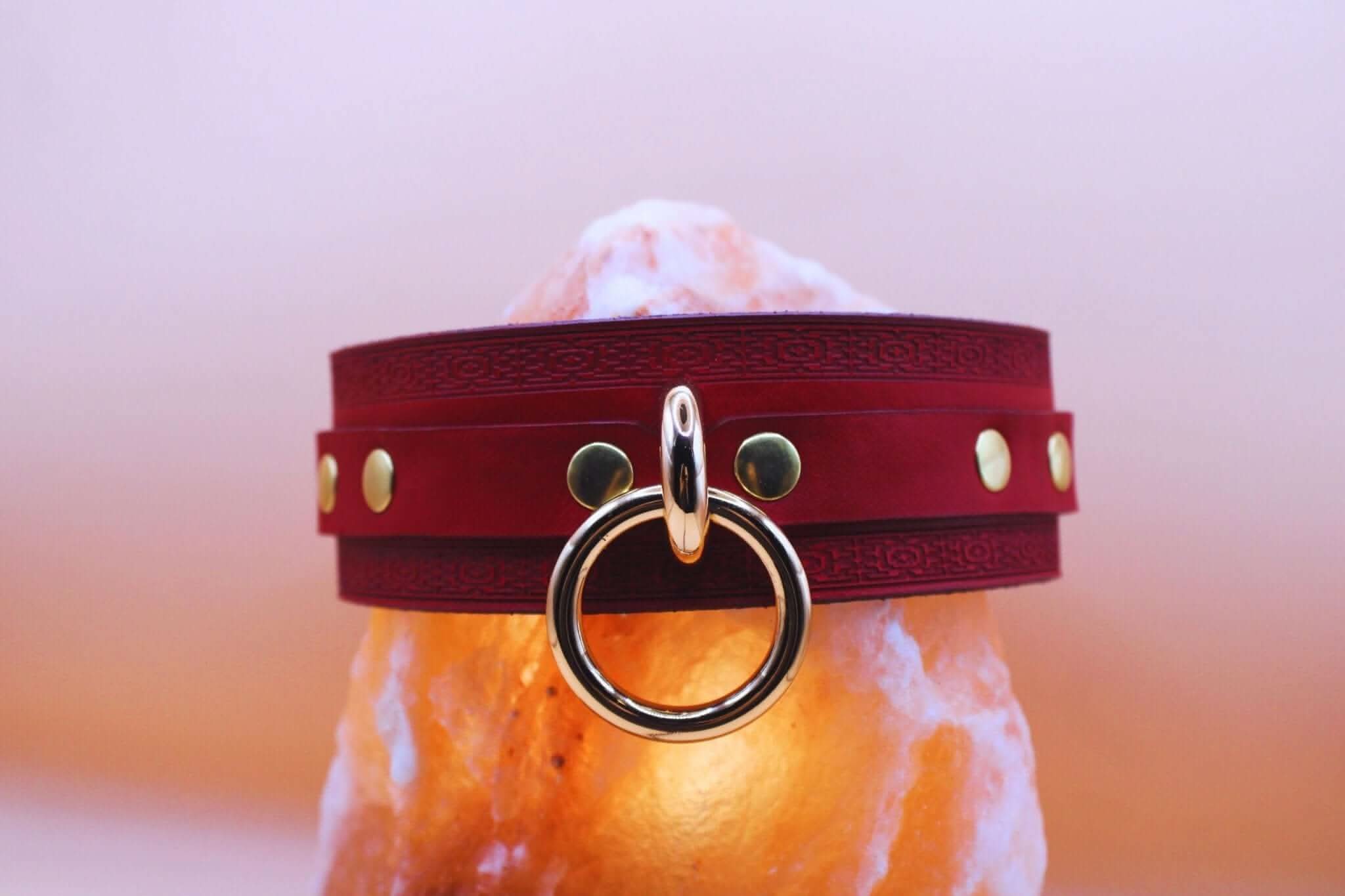 Crimson red leather bdsm collar with gold-tone O-ring, perfect for submissive jewelry and bondage gear.