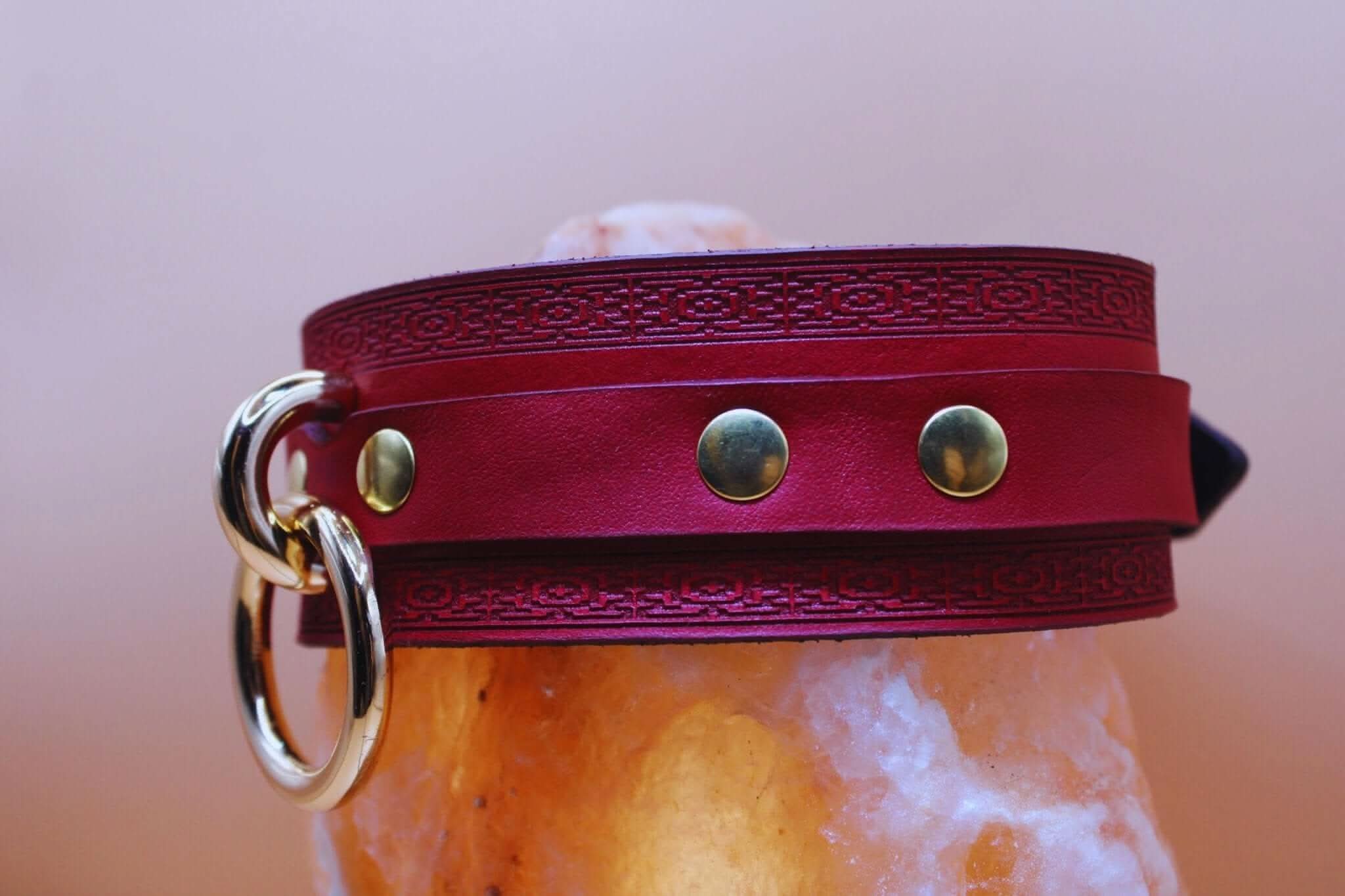 Crimson red leather bdsm collar with gold-tone O-ring and studs, ideal for dominant and submissive play, and elegant fashion accessories.