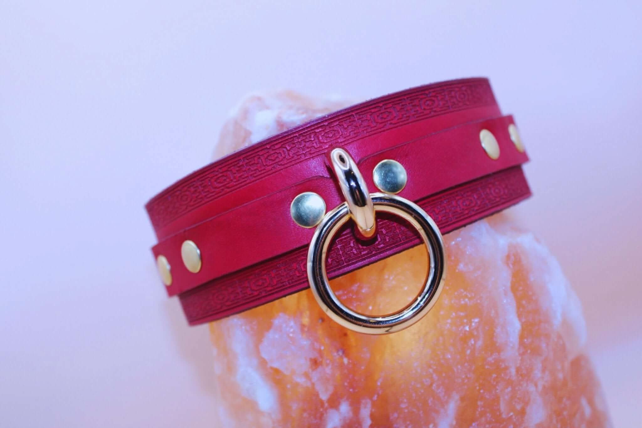 Crimson red BDSM collar with gold-tone O-ring, perfect as a submissive day collar or bondage jewelry.