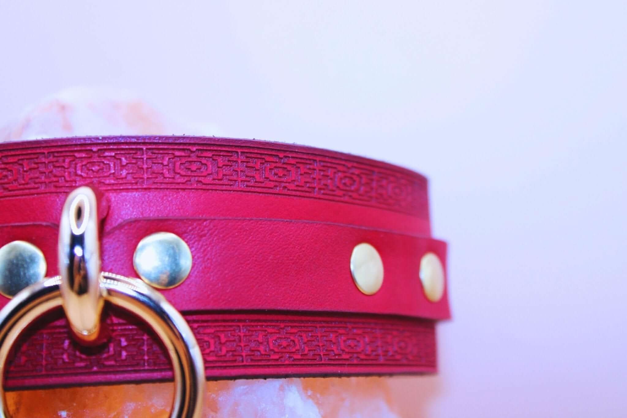 Crimson red leather BDSM collar with gold-tone O-ring and embossed design, perfect for submissive jewelry and bondage gear.