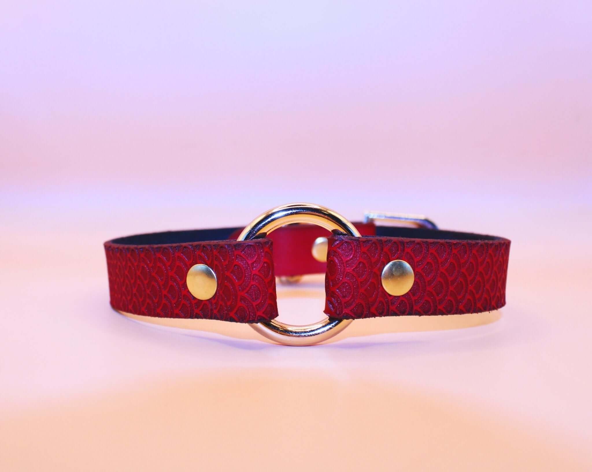 Crimson scaled submissive collar with O-ring, ideal for BDSM day wear and discreet sub jewelry.