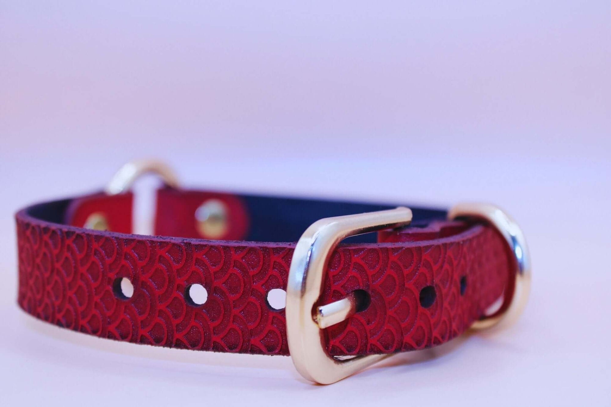 Crimson scaled BDSM collar with O-ring, perfect for submissive jewelry and bondage gear.