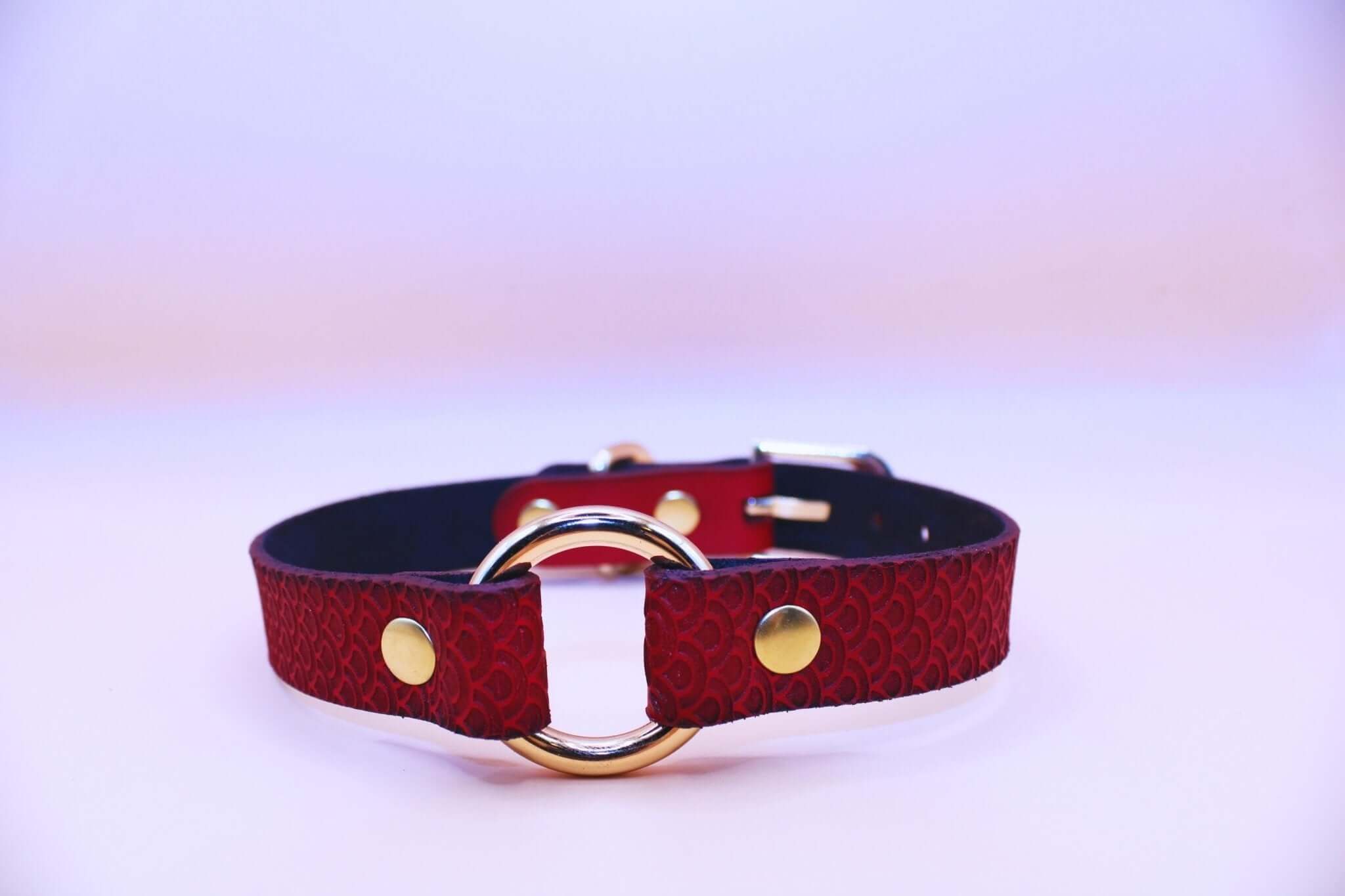 Crimson scaled submissive collar with O-ring, perfect for BDSM and bondage style jewelry.