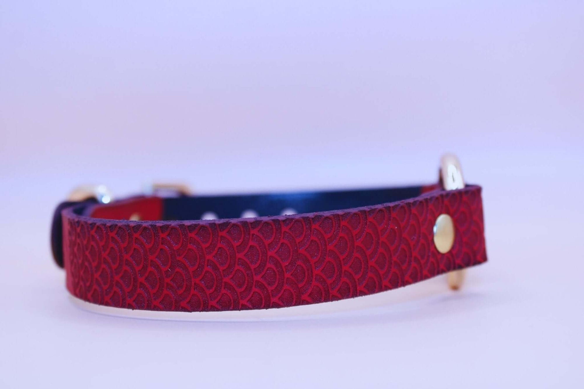 Crimson scaled submissive collar for BDSM, featuring a fierce design with scale texture and gold accents.