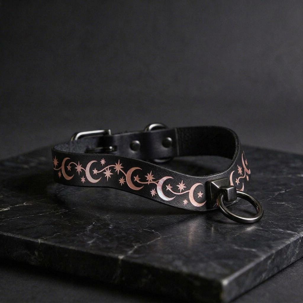 A black leather collar with a metallic ring and a decorative pattern of stars and crescent moons on it, resting on a dark surface.