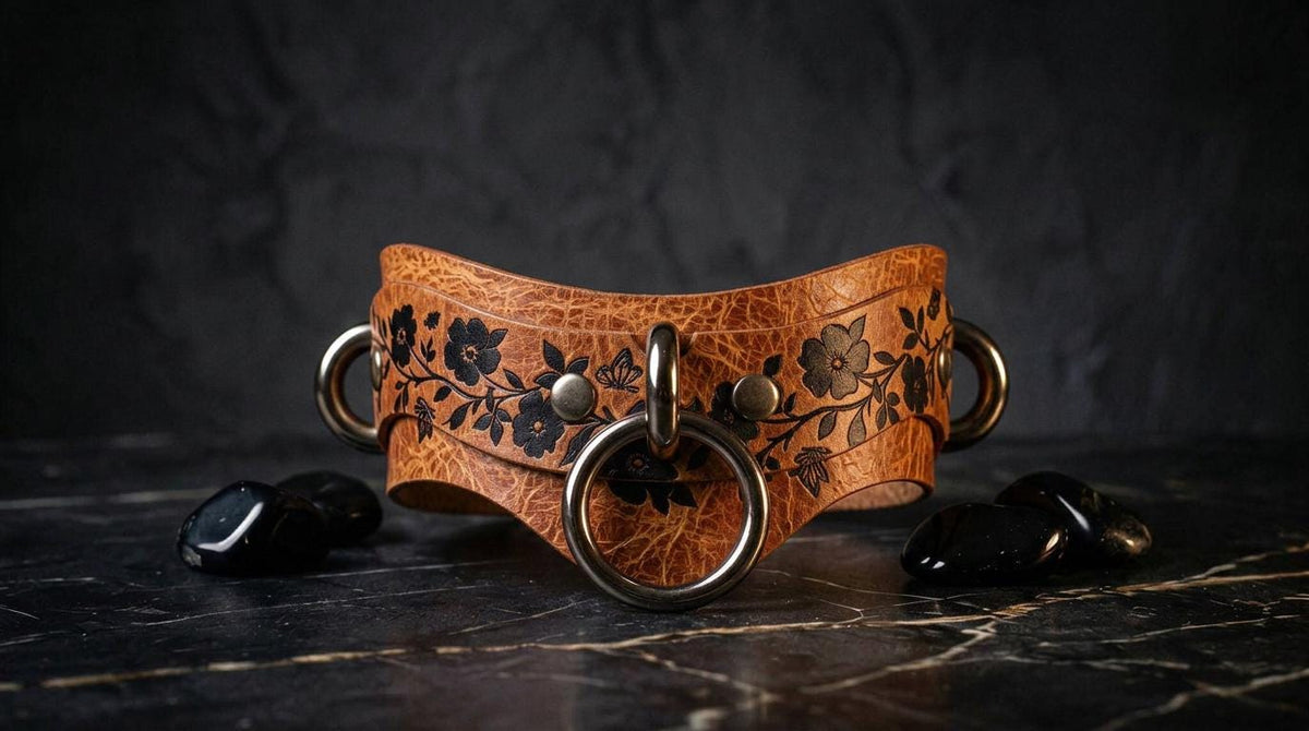 A leather collar with floral designs and metal rings is displayed on a black marble surface, accompanied by black stones.