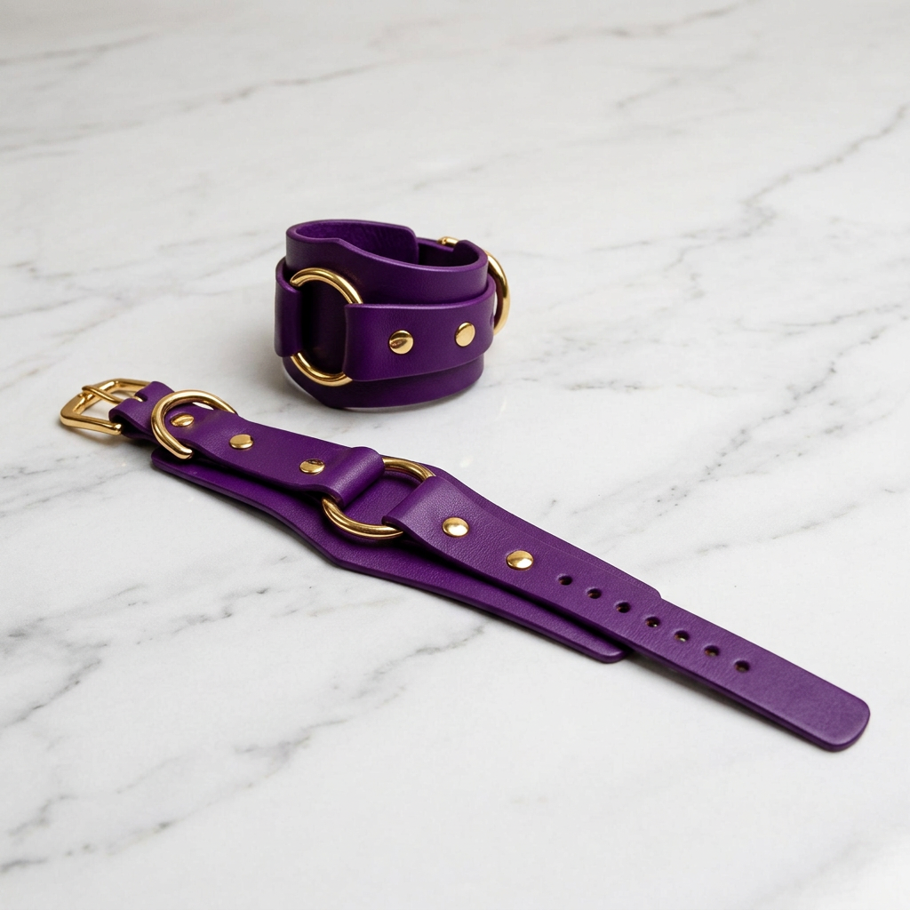 a purple leather strap with gold hardware, including buckles and studs, resting on a marble surface.