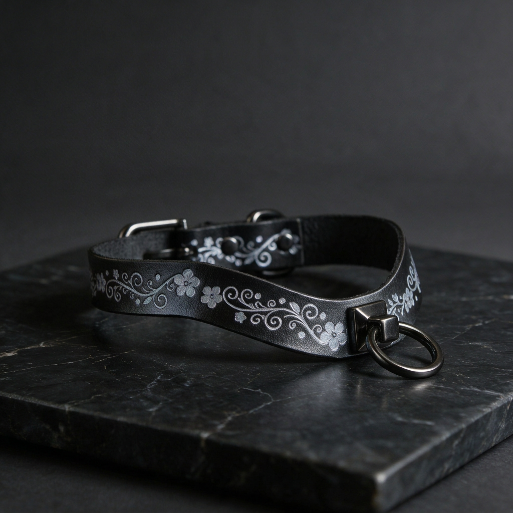 A black leather collar with a floral design on it, resting on a dark surface.