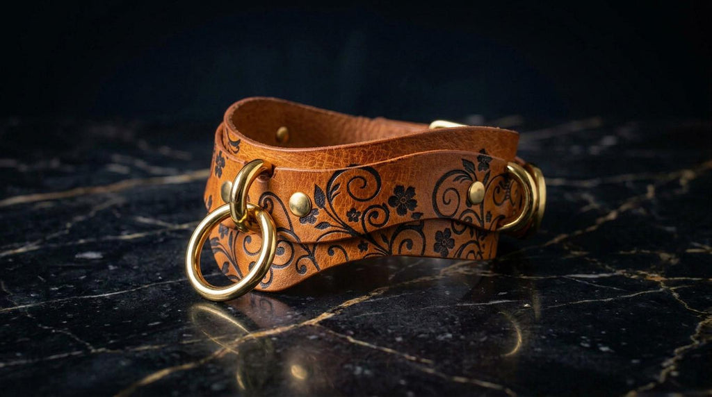 A brown leather choker necklace with a floral pattern and gold-colored metal rings is displayed on a black marble surface.