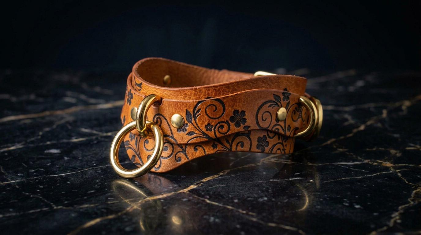 A brown leather choker necklace with a floral pattern and gold-colored metal rings is displayed on a black marble surface.