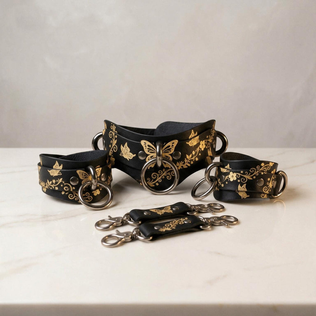 A set of black leather straps with gold floral designs, including butterfly motifs, arranged on a white marble surface.
