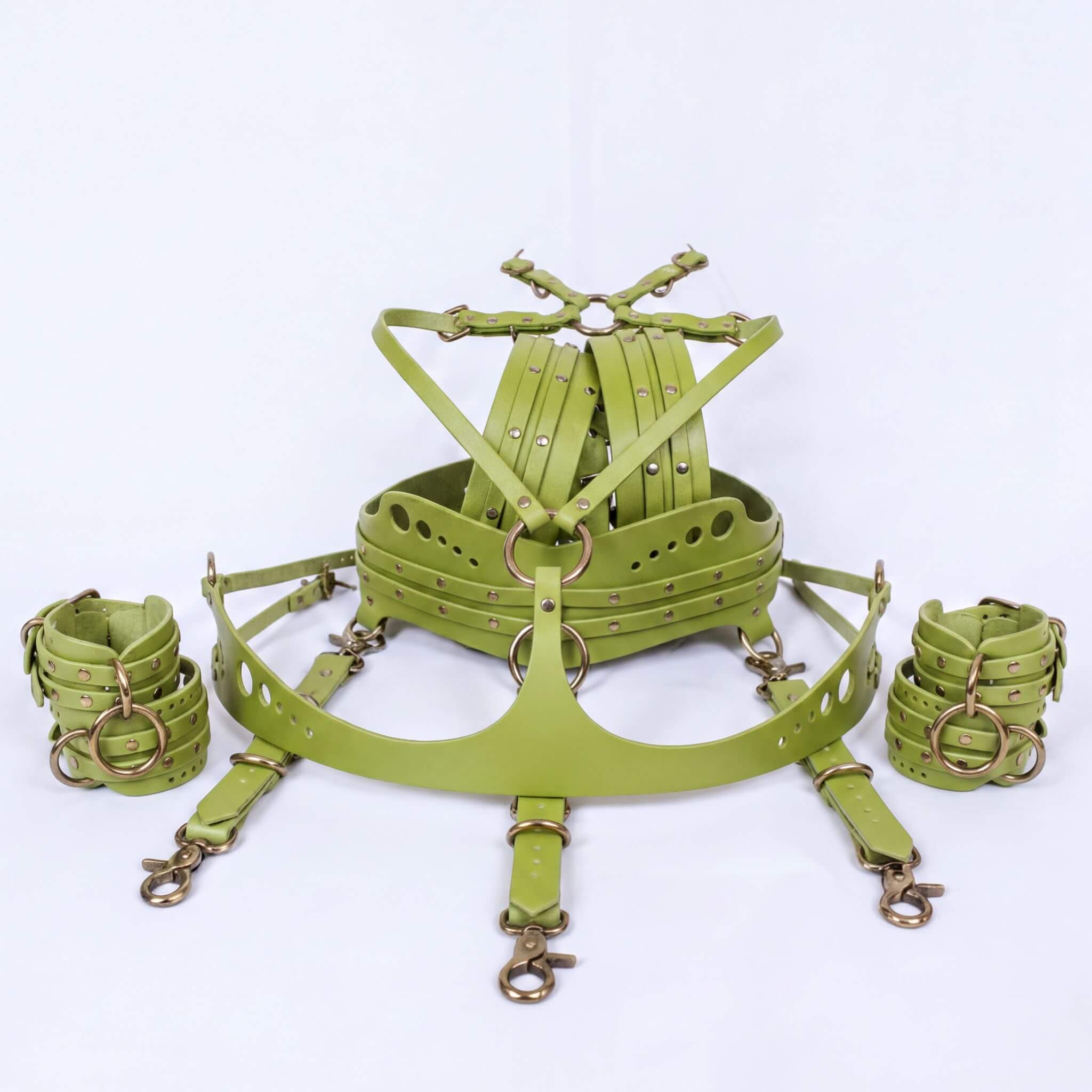 A green leather harness with multiple straps and buckles, including a chest harness and leg straps, displayed against a white background.