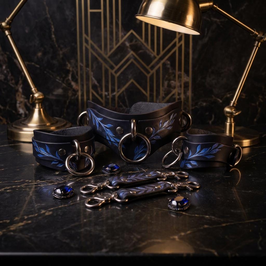 a collection of black leather straps with blue floral designs, arranged on a black marble surface. There are also some small blue gemstones scattered around the straps. In the background, there is a gold lamp and a black and gold geometric pattern.