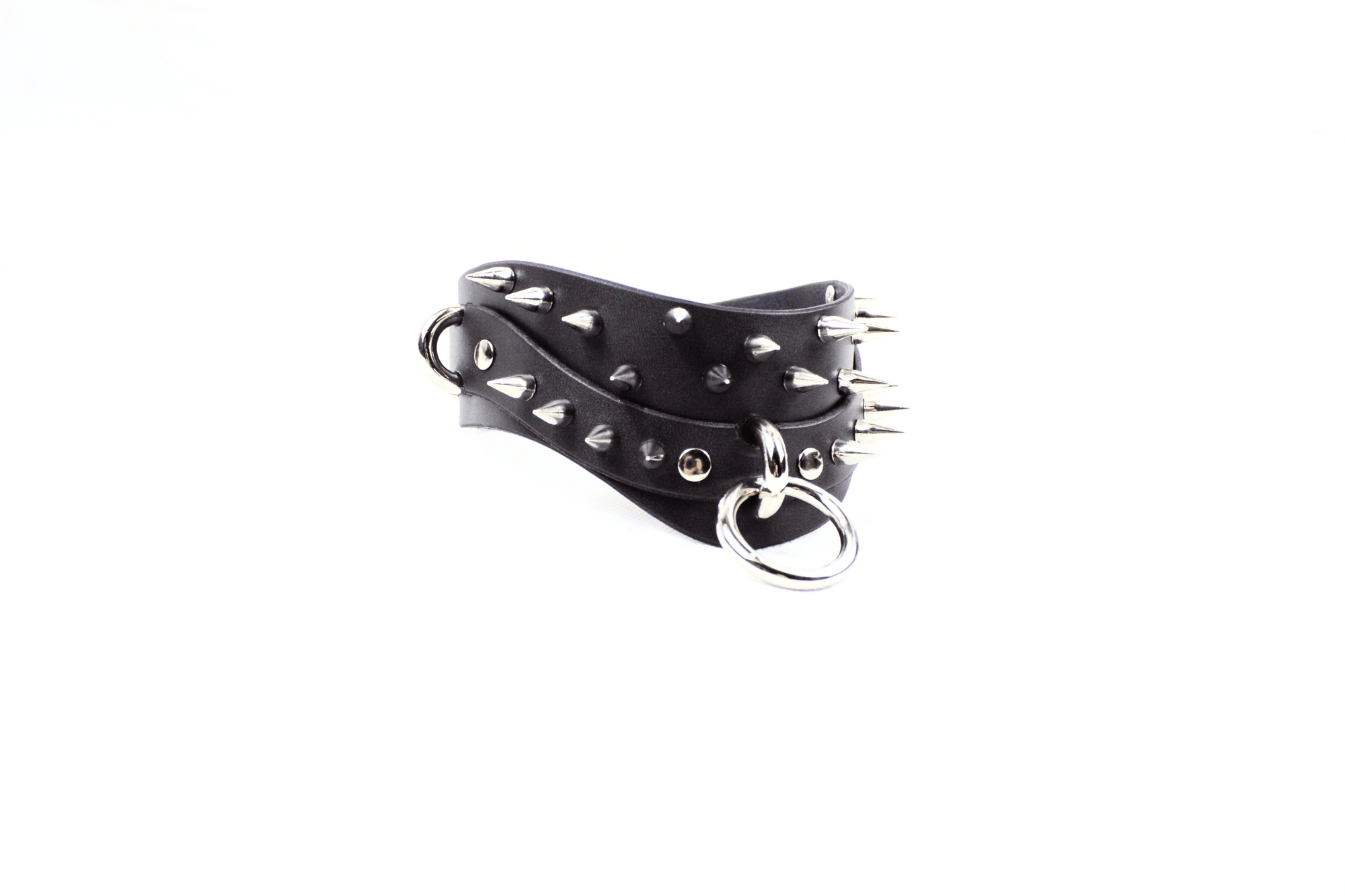 Black Spiked BDSM Collar - wide gothic posture submissive choker with silver spikes and metal ring.