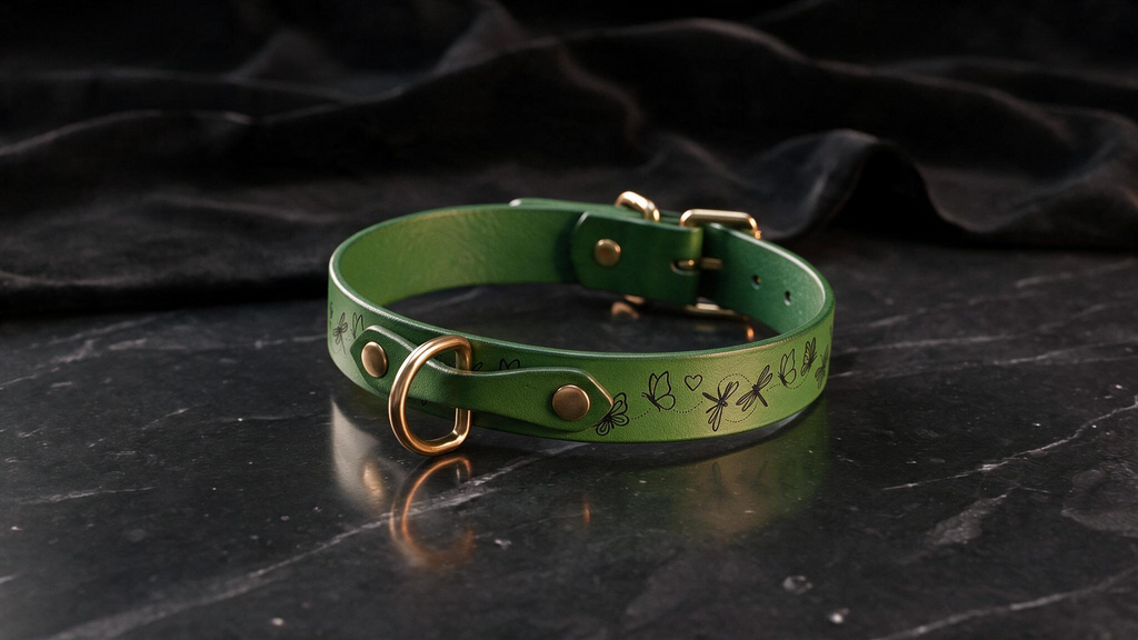 A green leather collar with a gold buckle and decorative butterfly designs is displayed on a black marble surface.