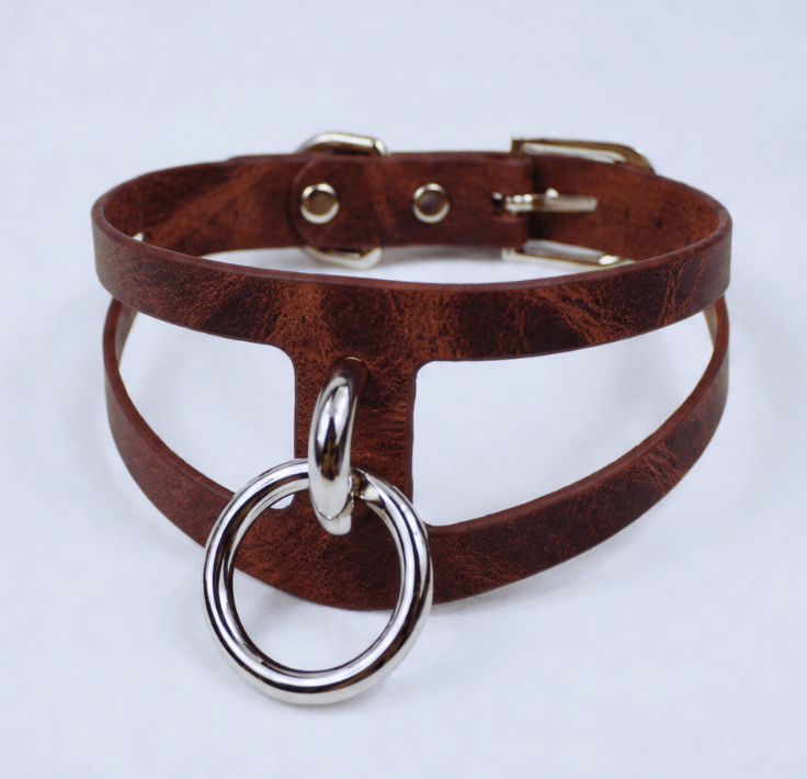 A brown leather choker necklace with a metal ring and buckle.