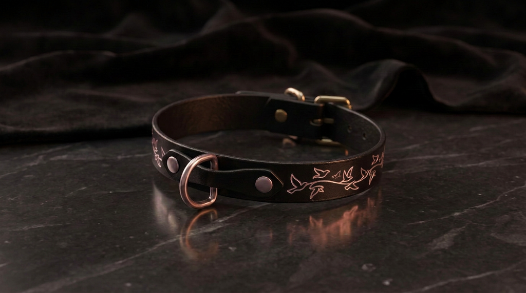 A black leather collar with a decorative metal ring and a floral pattern on the surface.