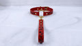 A red leather collar with a gold-colored buckle and a black floral pattern on the strap is displayed against a white background.