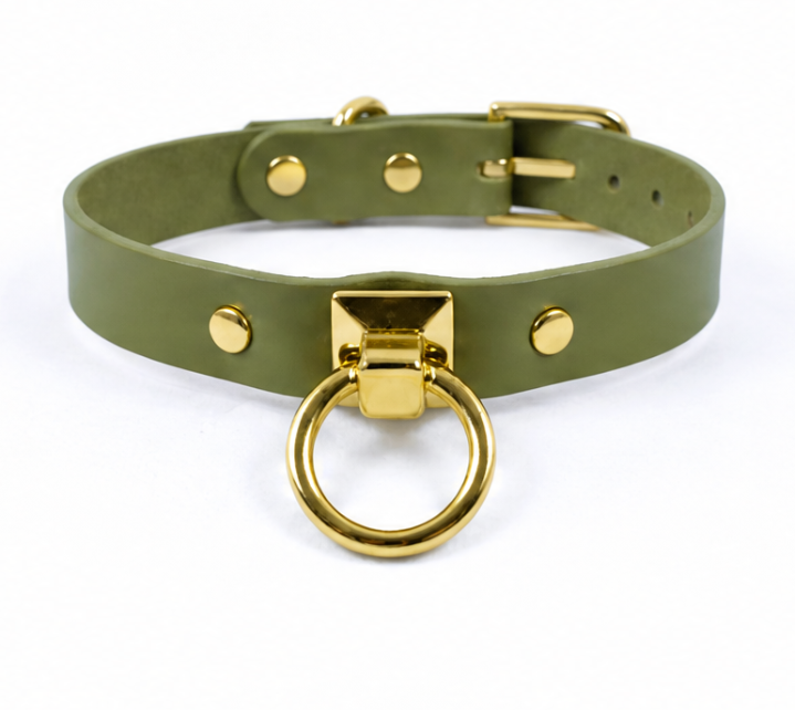 A green leather choker collar with a gold metal ring and buckle.
