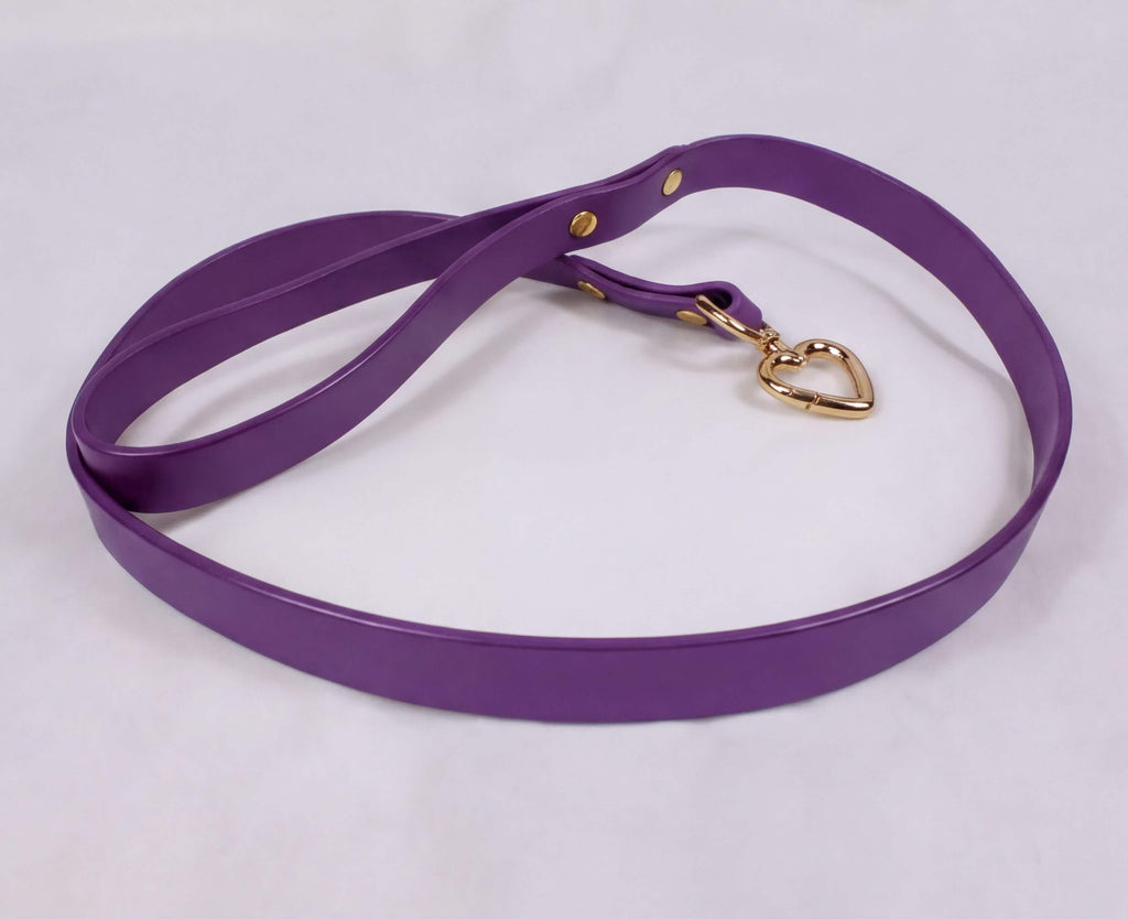 A purple leash with a gold heart-shaped tag attached, resting on a white surface.