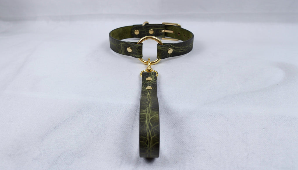 A dark green leather collar with a gold-colored buckle and a matching leash attached to it, resting on a white surface.