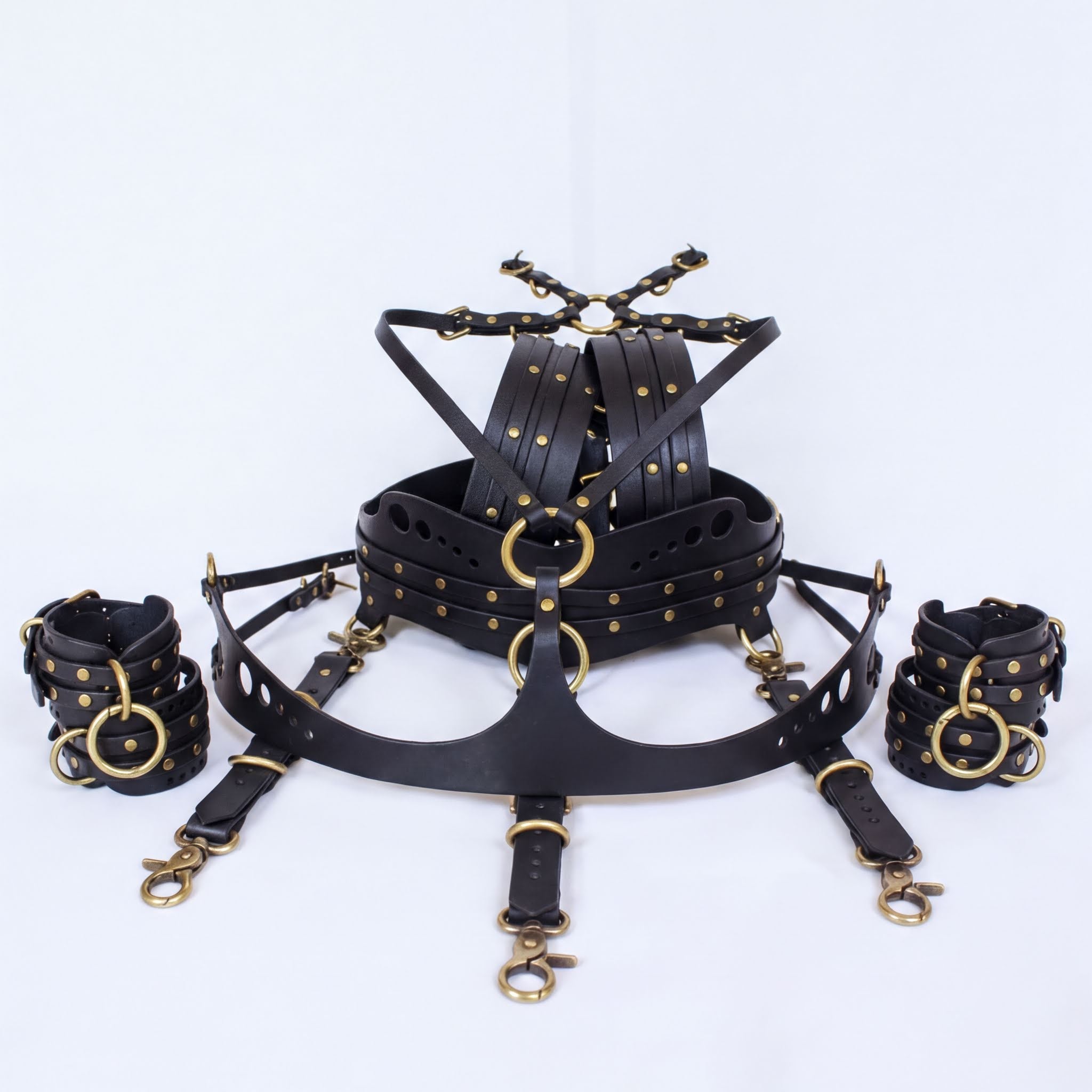 A collection of black leather straps and buckles with gold-colored studs, arranged in a way that suggests they are part of a harness or other protective gear.