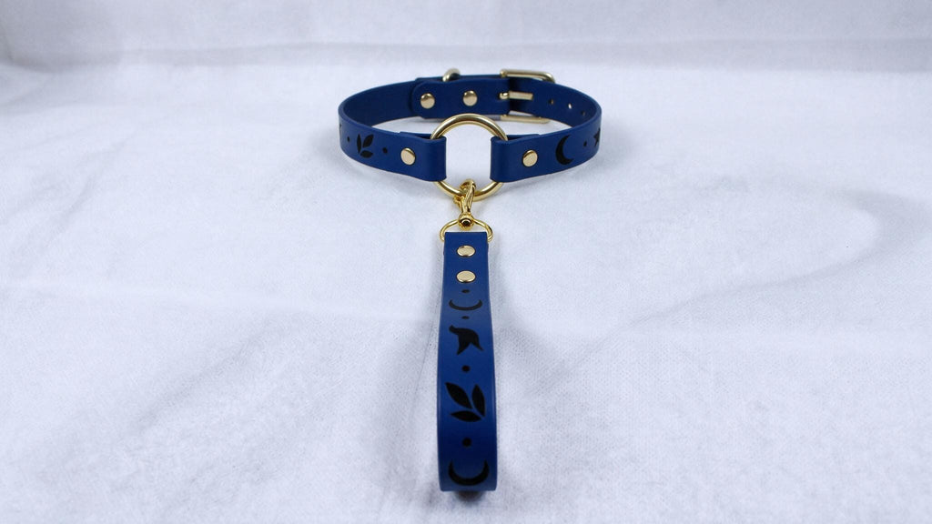 A blue collar with a gold buckle and a black design on the strap is displayed against a white background.
