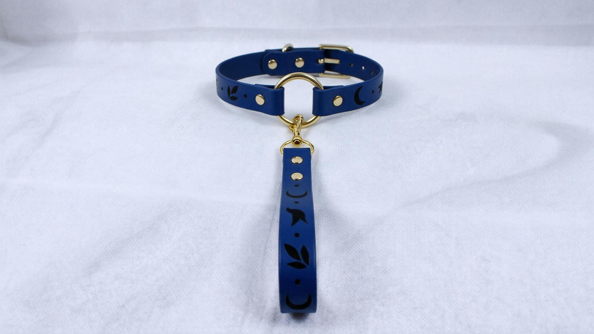 A blue collar with a gold buckle and a black design on the strap is displayed against a white background.