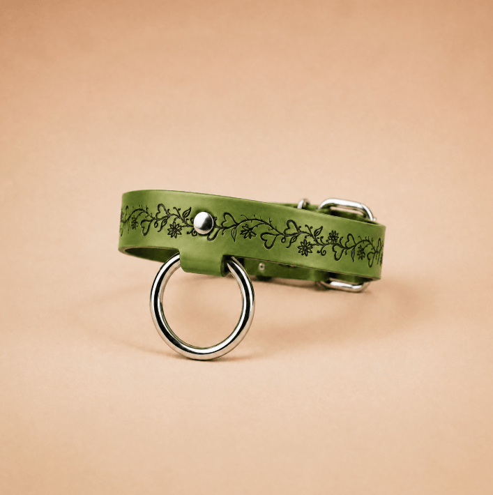 A green dog collar with a metal ring and a floral design on it.