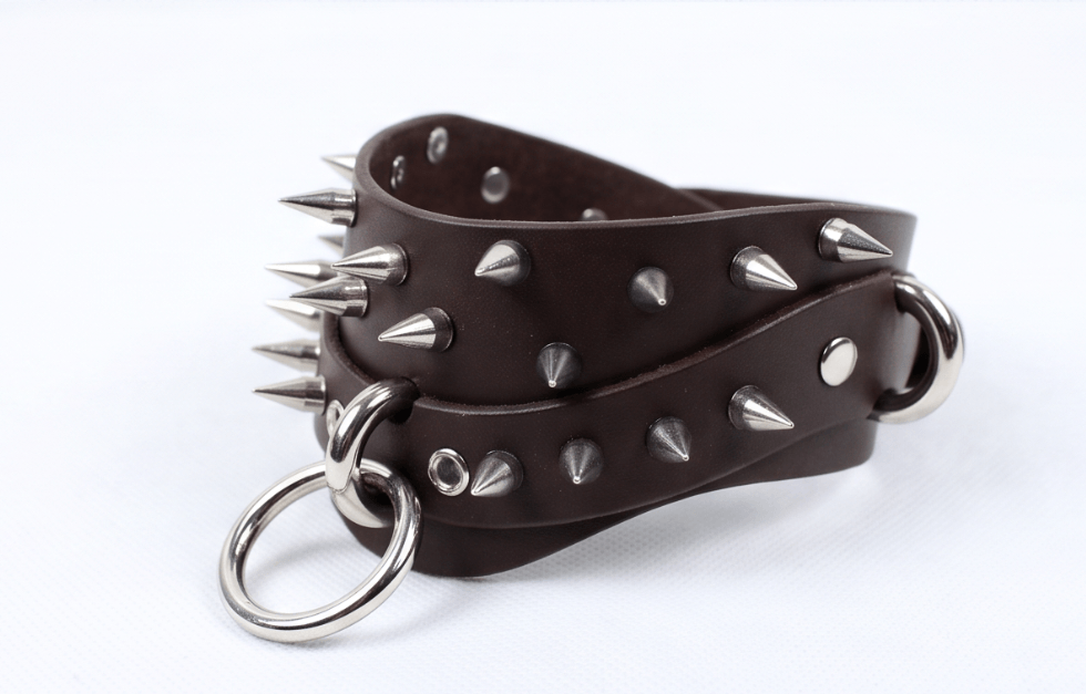 A close-up image of a leather strap with metal spikes protruding from it, attached to a metal ring.
