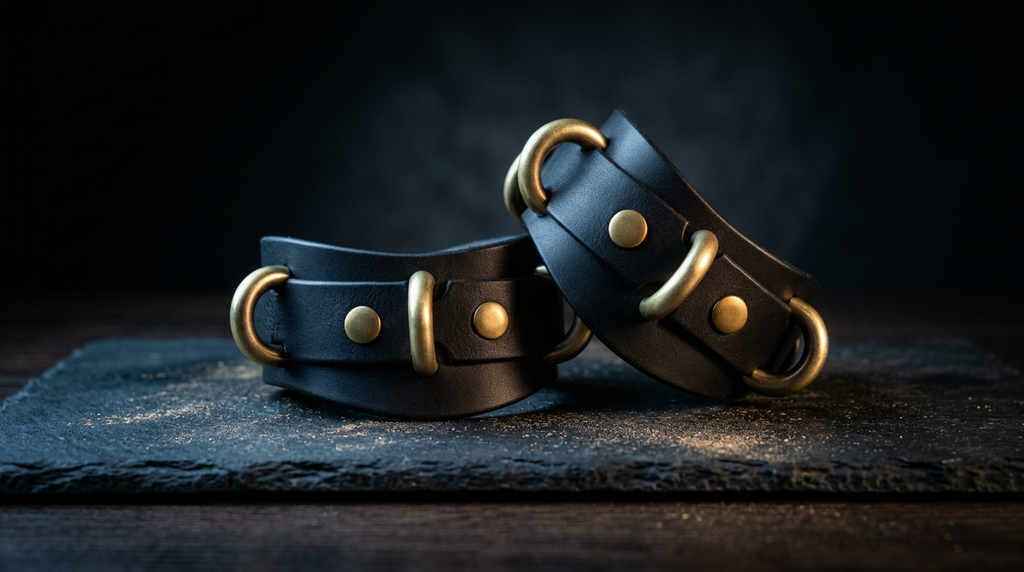 A pair of black leather cuffs with gold buckles, resting on a dark surface.