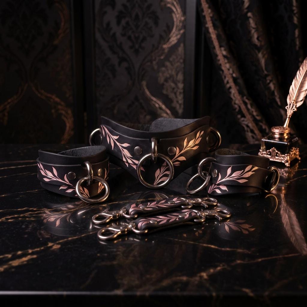 A set of black leather straps with leaf designs, arranged on a black marble surface.