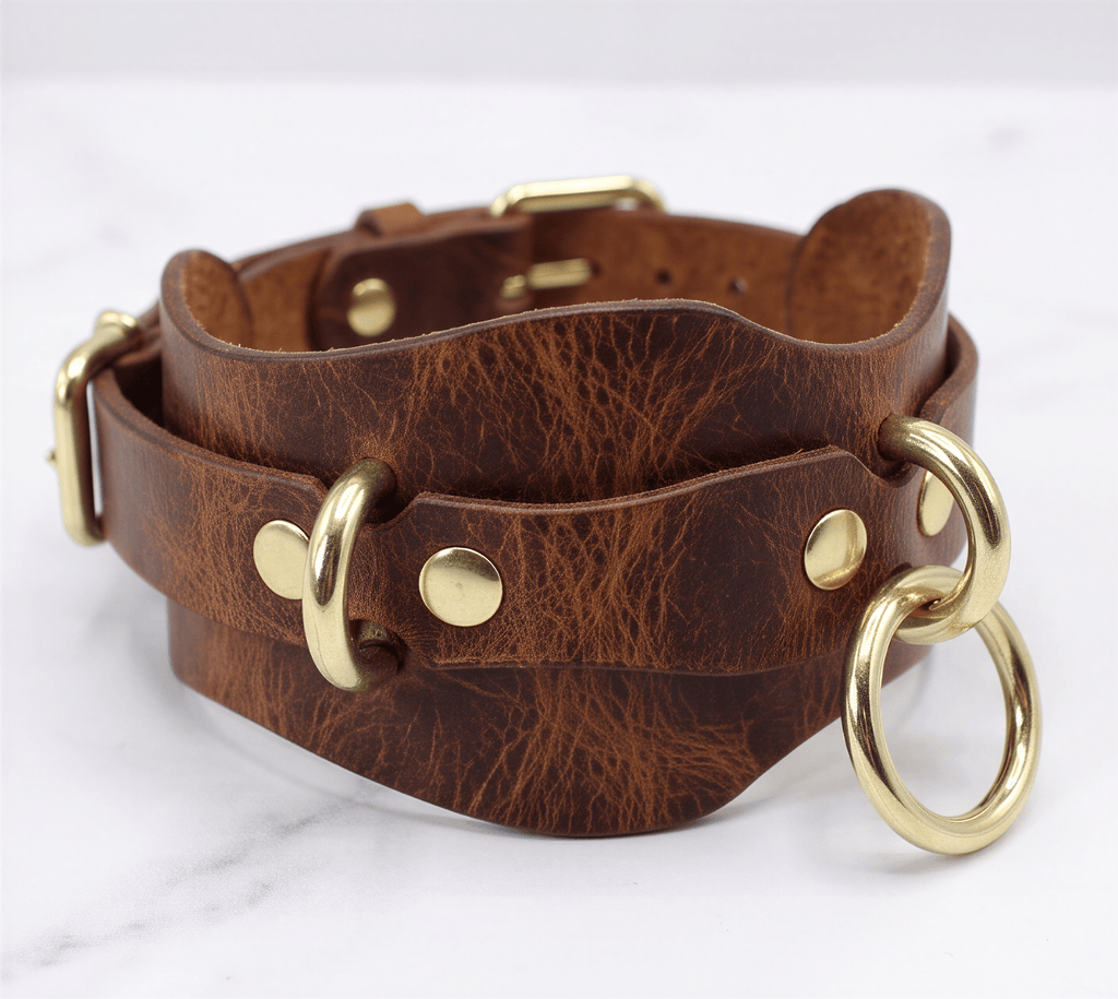 A brown leather choker necklace with brass-colored metal rings and a buckle-style clasp.