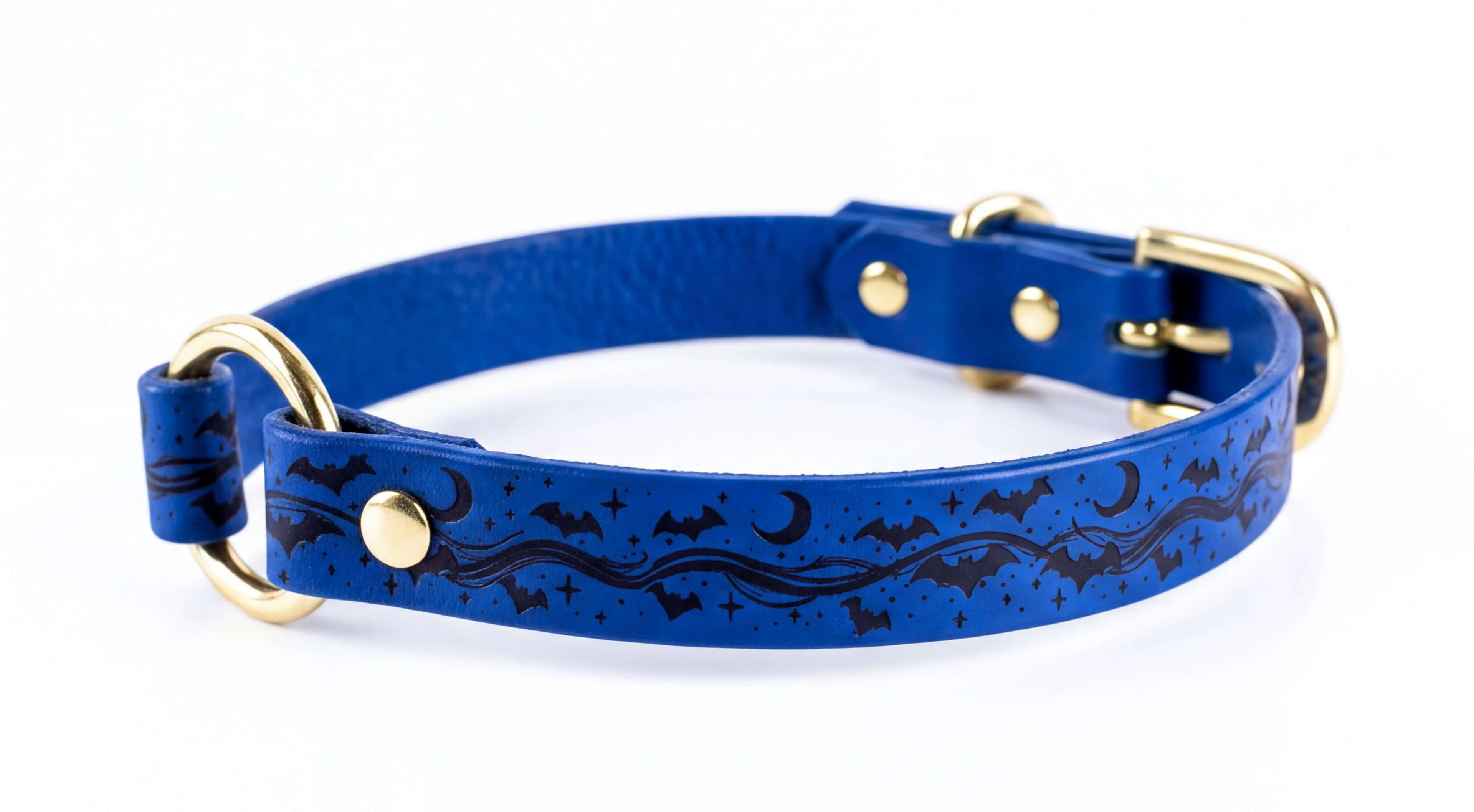 A blue dog collar with a night sky design featuring bats and stars.