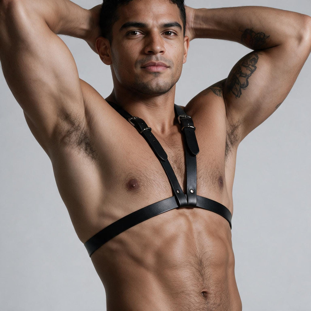 A shirtless man with tattoos on his arms stands with his hands on his head, wearing a leather harness.