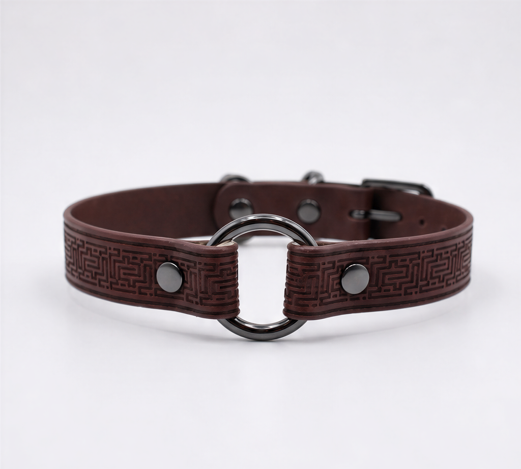 A brown leather collar with a metal ring and buckle.