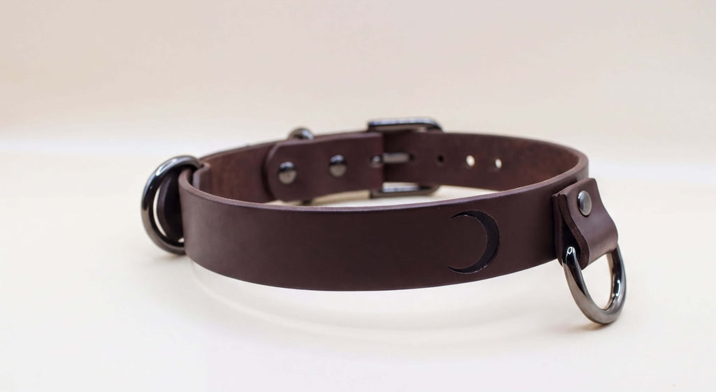 A brown leather collar with metal rings and a crescent moon symbol on the front.