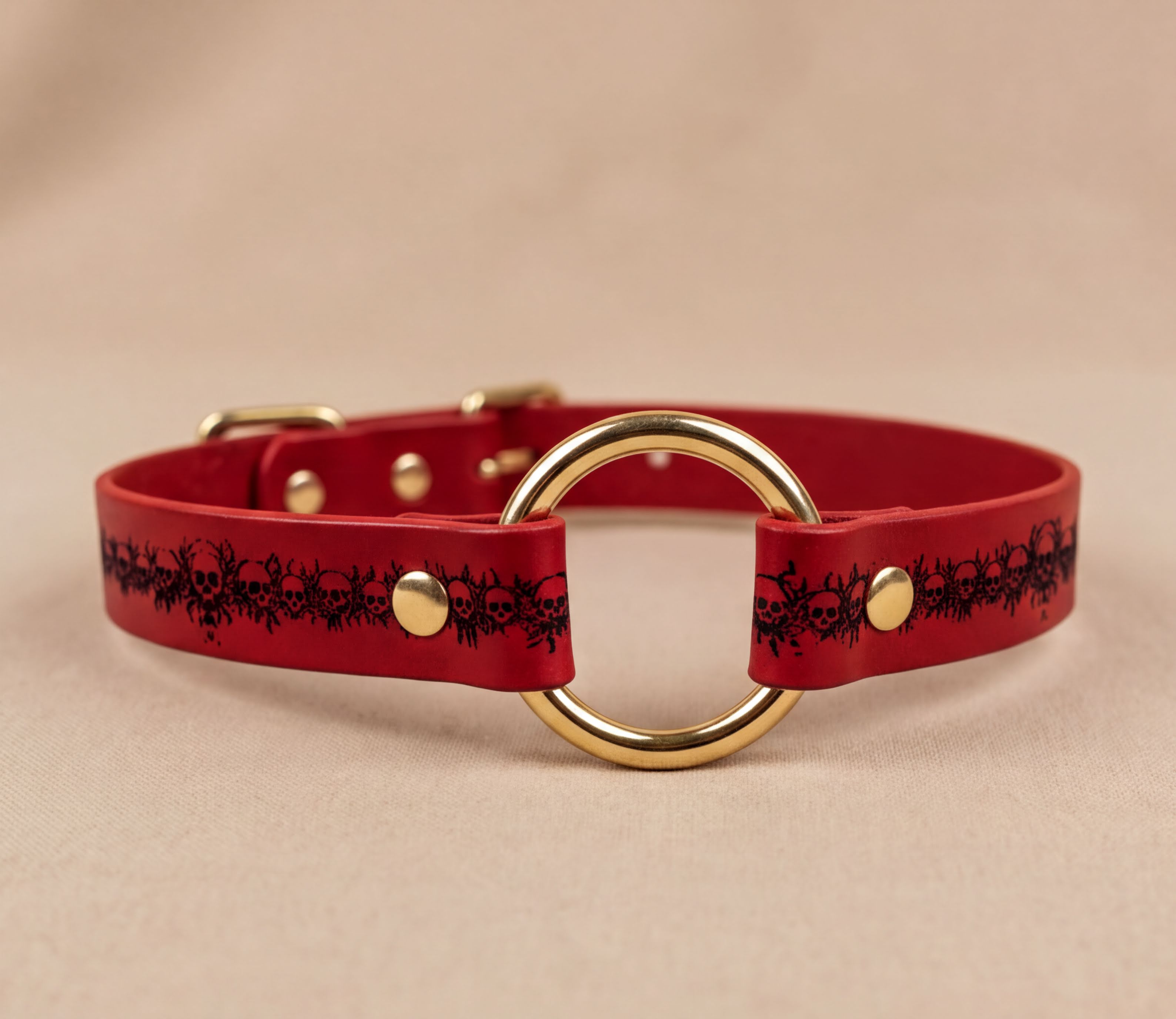 A red leather collar with a gold ring and a black skull design on the strap.