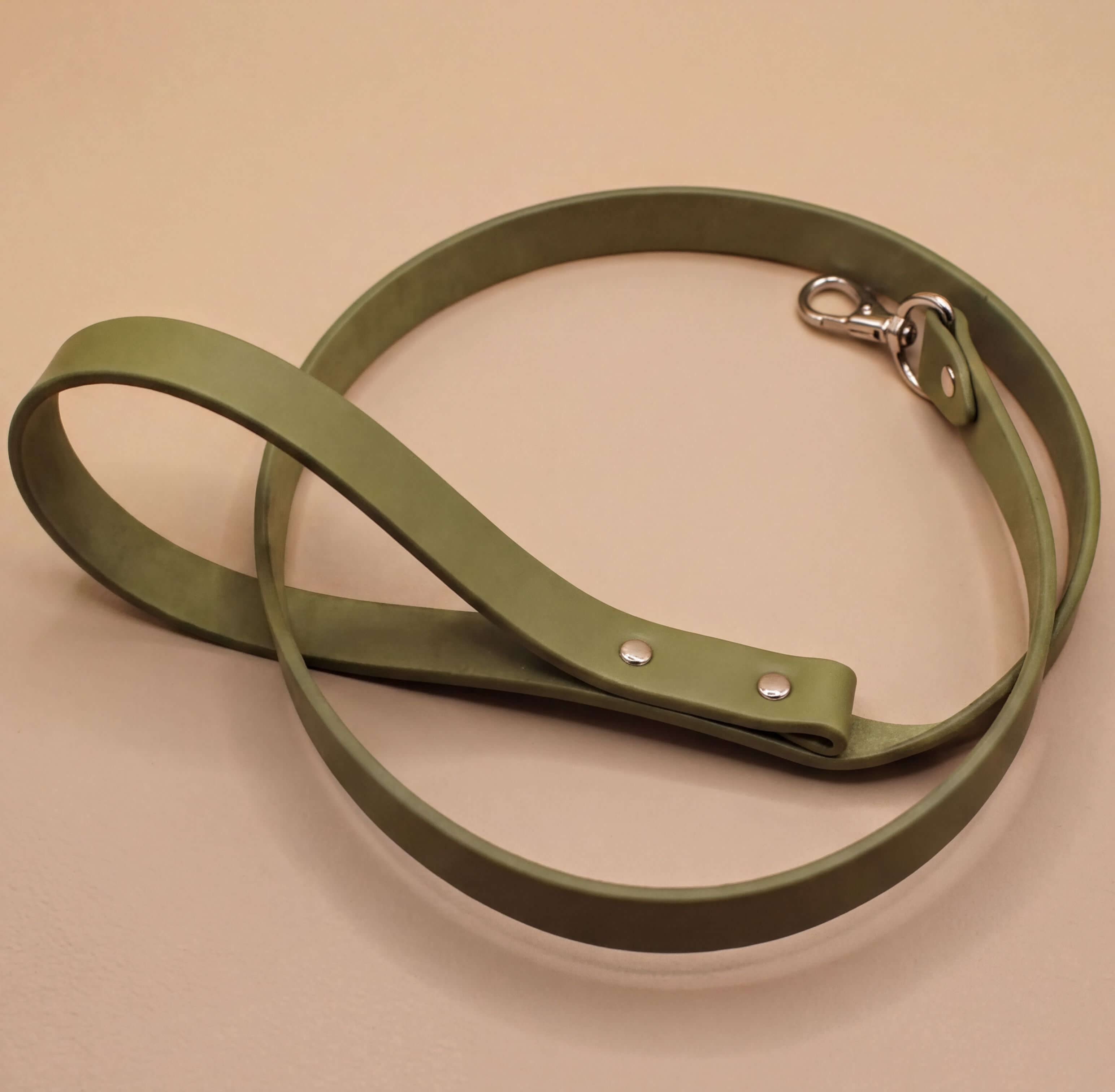 A green leash with a metal attachment is shown on a light-colored surface.